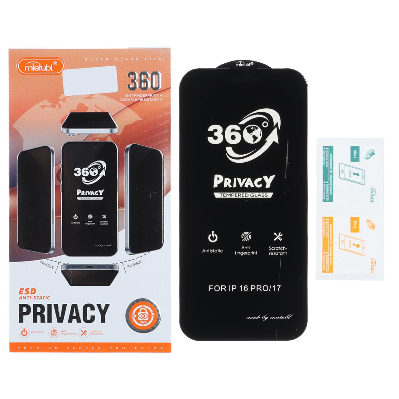 محافظ صفحه نمایش شیشه ای Full Cover Mietubl 360 Privacy مدل Apple iPhone 17 / iPhone 16 Pro (پک دار) - NTC